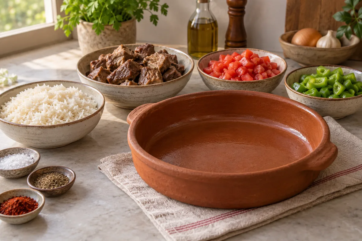 Beypazarı güveci için pirinç, pişmiş et ve sebzeler
