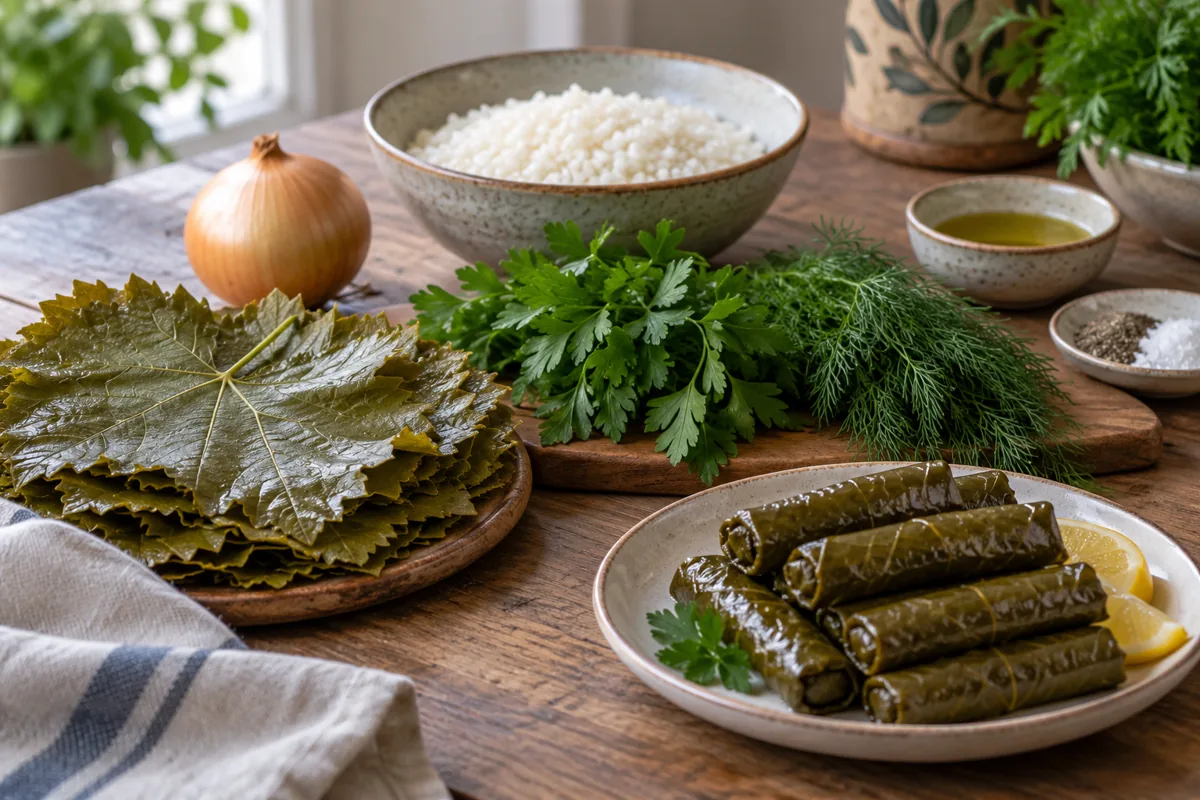 Yaprak sarması için yaprak, pirinç ve yeşillikler