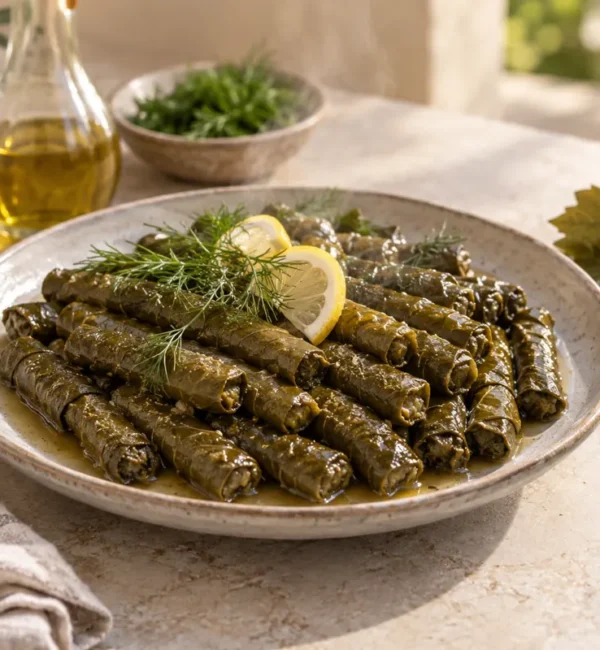 Pişirme suyuyla servis edilen ince yaprak sarmaları