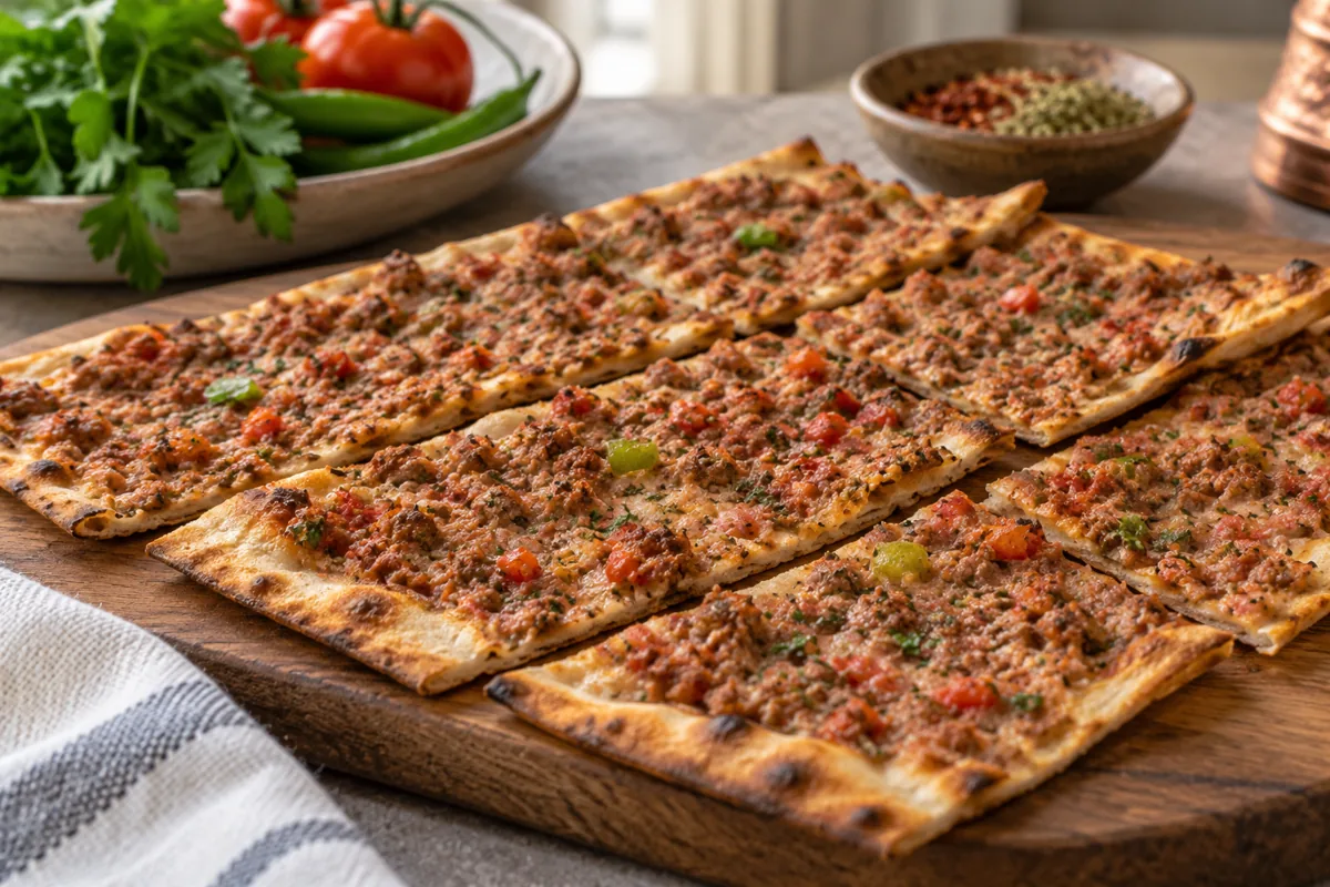 Dilimlenmiş Konya etli ekmeğin ince tabanı