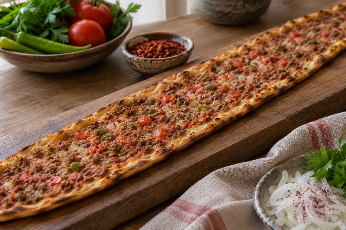 İnce uzun hamur üzerinde Konya etli ekmek