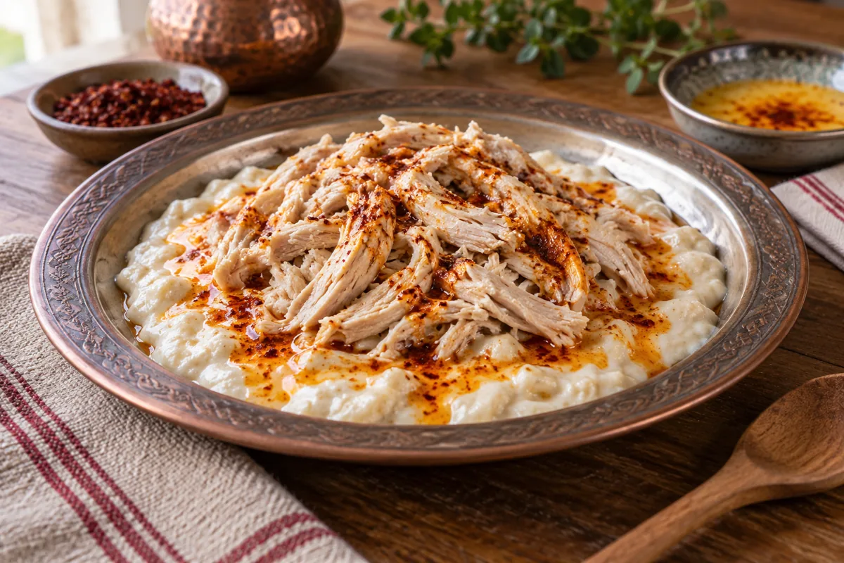 Tavuklu çullamanın biberli tereyağlı sunumu