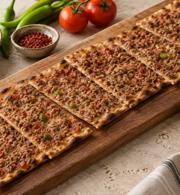 İnce uzun hamur üzerinde kıymalı Konya etli ekmek