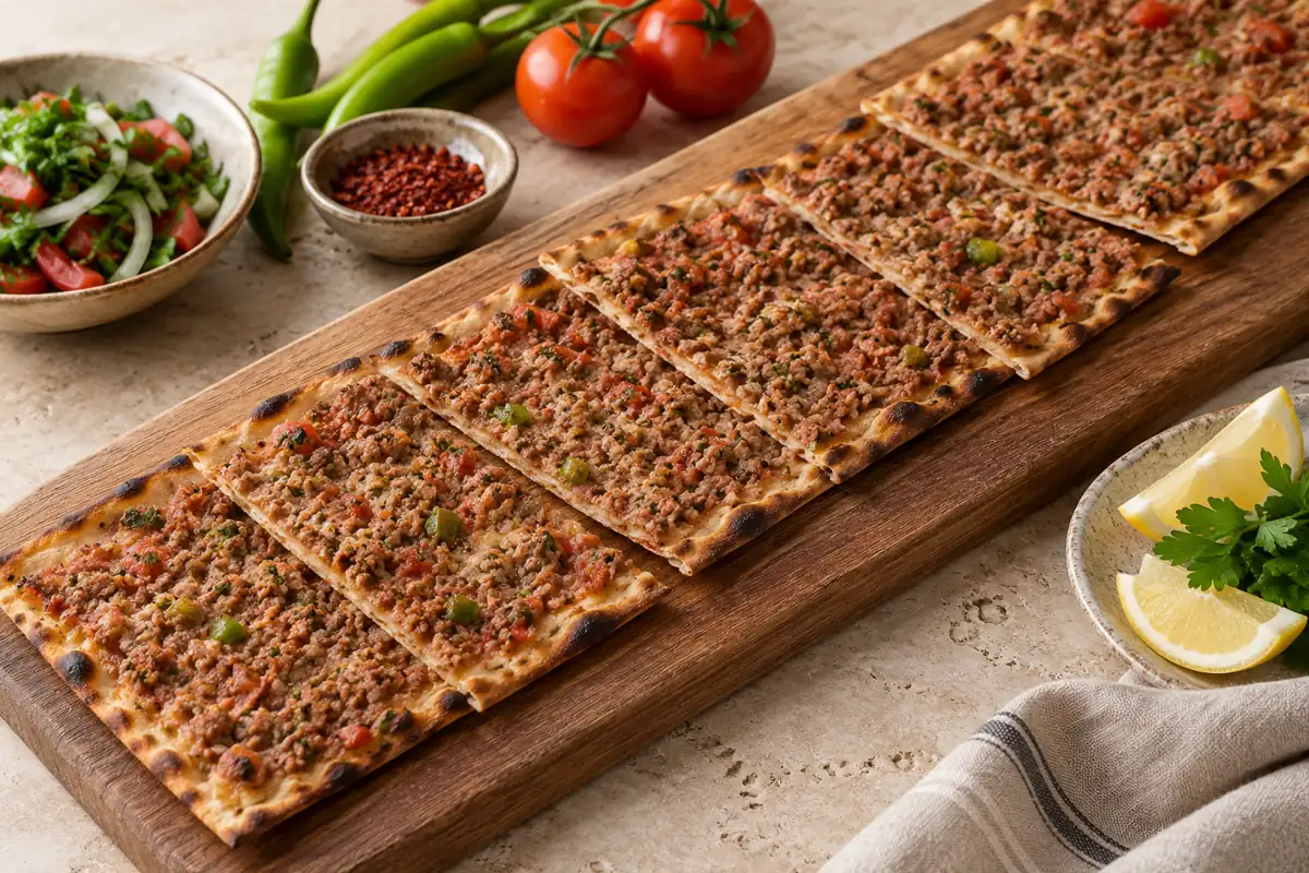 İnce uzun hamur üzerinde kıymalı Konya etli ekmek