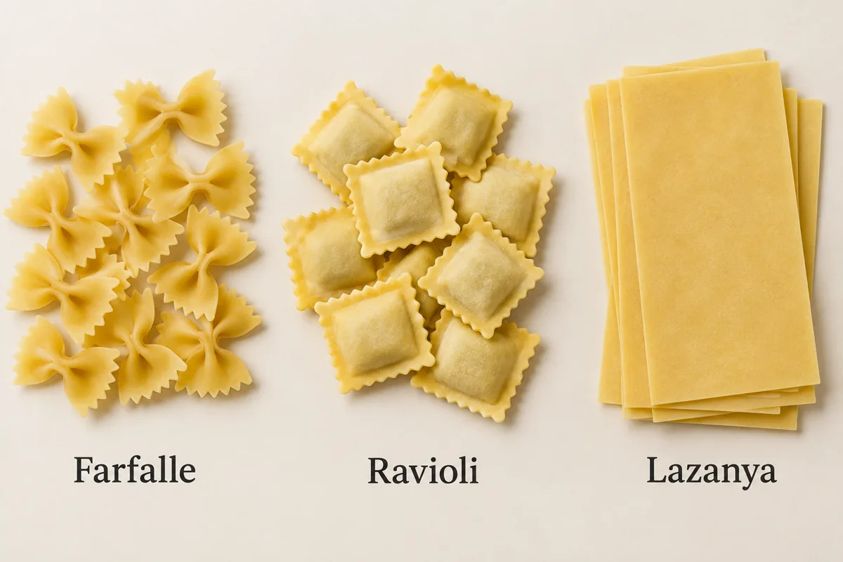 Farfalle, ravioli ve lazanya şekillerinin karşılaştırılması
