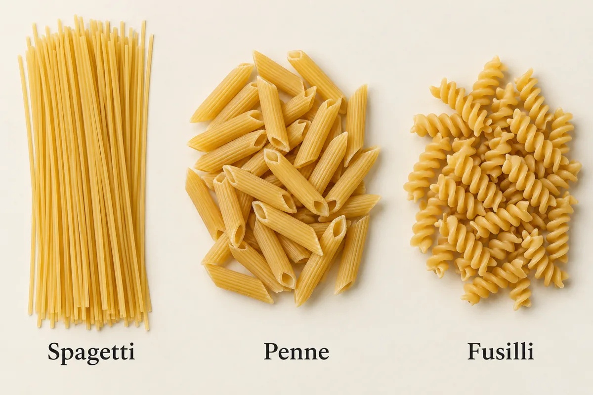 Spagetti, penne ve fusilli şekillerinin karşılaştırılması