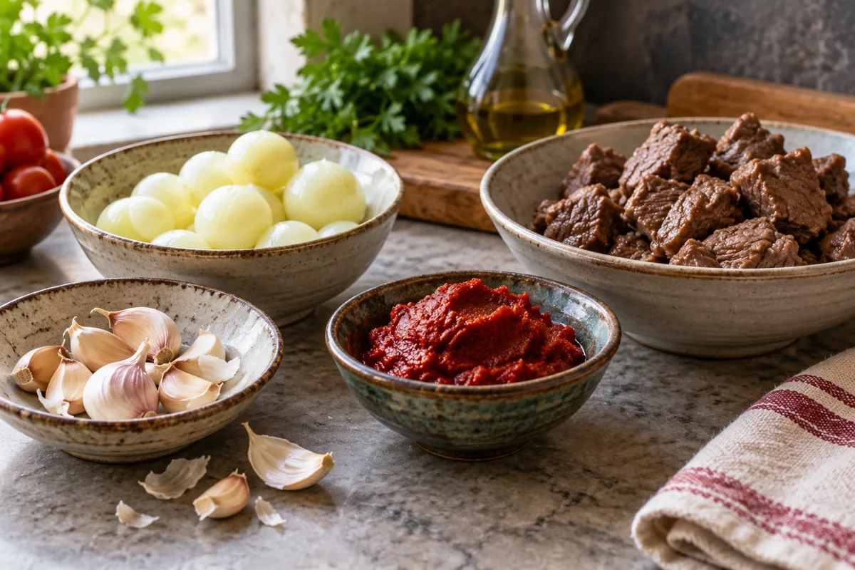 Sarımsaklı et için sarımsak, soğan ve pişmiş et
